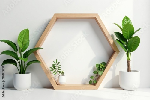 Modern Hexagonal Shelf with Lush Greenery and Minimalist White Pots