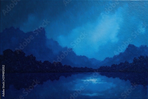 Serene Nocturnal Landscape A Dreamlike Reflection of Silhouetted Hills and Tranquil Water Under a Twilight Sky