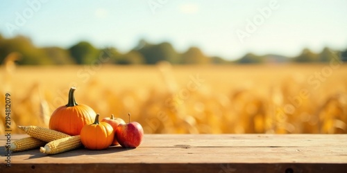 Autumn Harvest Bounty Pumpkins, Apples, and Corn on Rustic Wooden Table Against a Golden Field Background