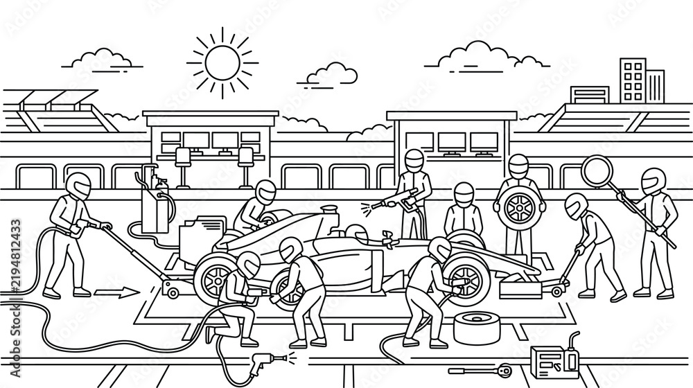 Obraz premium Professional formula racing pit stop service scene with mechanics changing wheels in line.