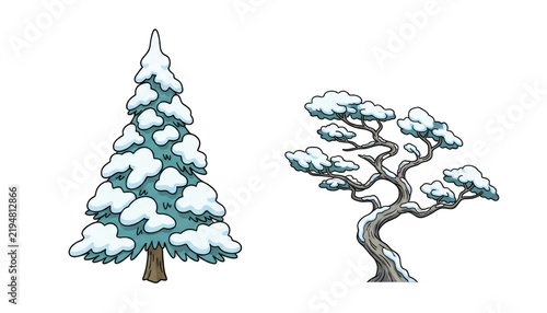 Cartoon Style Winter Trees Covered in Fresh Snow