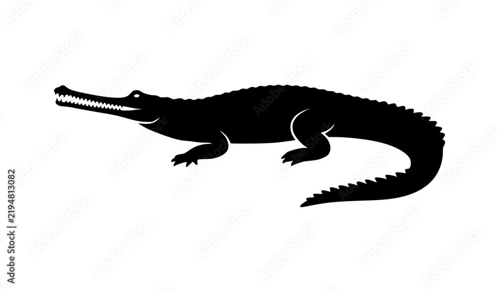 Fototapeta premium Black silhouette of a crocodile lying down on a white background illustration