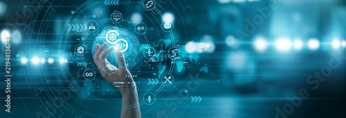 Tapety artystyczne Engineer hand hold agile DEVOPS icon integrating global software development operations. Seamless automation workflows for efficient code deployment and system reliability.