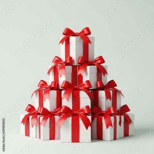 Elegant white gift boxes featuring vibrant red satin bows stacked in a neat pyramid arrangement against a clean and solid color background, background, birthday, boxing day