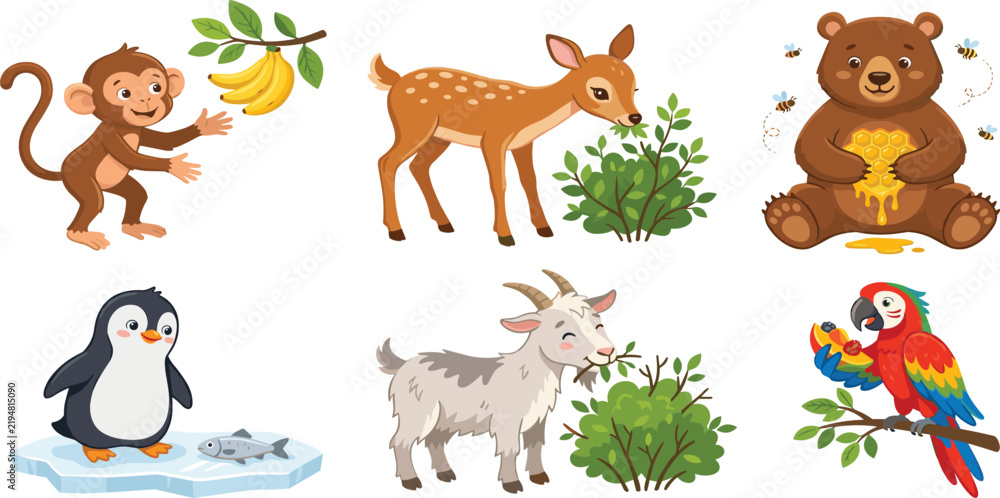 Obraz premium Cute Cartoon Animal Character Collection Featuring Monkey Deer Bear Penguin Goat and Parrot Eating Favorite Foods for Kids Nursery and Nature Cliparts
