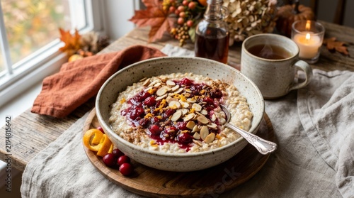 Bowl of creamy oatmeal topped with nuts and fruit on rustic wooden table with autumn decor with warm