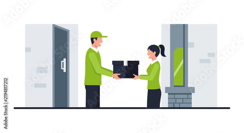 Courier Delivering Parcel to Female Customer Vector Illustration