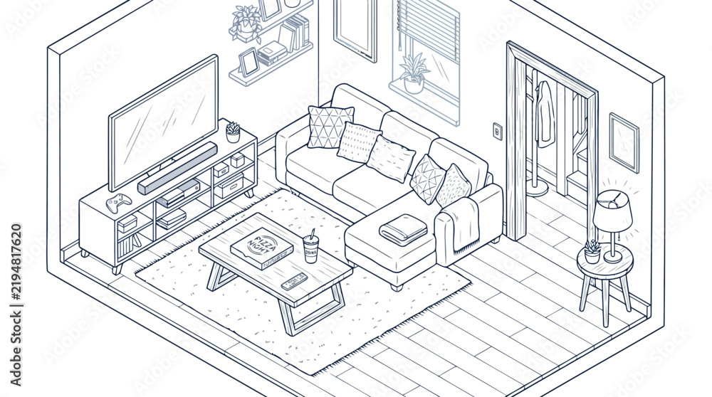 Fototapeta premium Isometric living room illustration with a sectional sofa, tv unit, coffee table, and various decorations in a cozy apartment setting