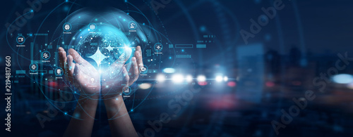 Obraz na plátně Tech innovator hands hold global creation