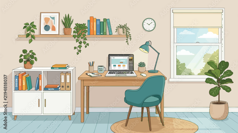 Obraz premium A cozy home office illustration with a wooden desk, laptop, green plants, books, and a window overlooking a sunny sky