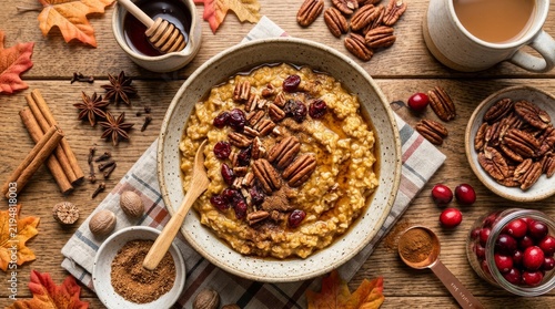 Warm spiced oatmeal topped with pecans dried fruits and spices on rustic wooden table with breakfast