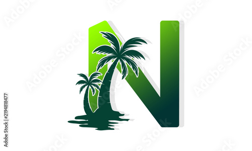 Letter N with coconut tree vector design