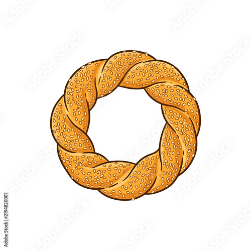Illustration of a traditional turkish simit with sesame seeds on white background.
