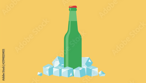 Cold green glass bottle resting in a pile of translucent ice cubes against a solid bright yellow background.