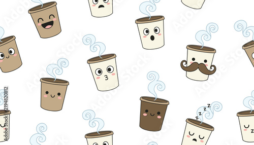 Seamless pattern with cute cartoon coffee cups displaying various funny facial expressions on white background.