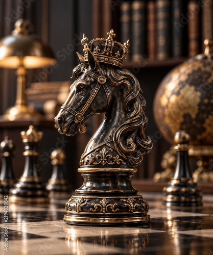 Ornate chess knight on chessboard representing strategy, leadership and competitive business