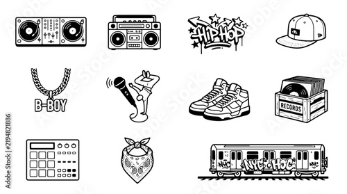 Hip hop culture vector icons set, urban street style graffiti elements, 11 black and white rap music and breakdance illustrations isolated on Transparent Background