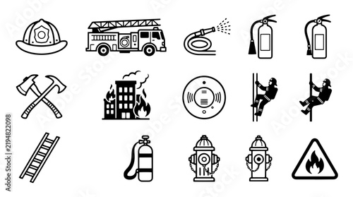Firefighter icon set with 15 black line elements, firefighting equipment and emergency symbols, professional fire department vector graphics isolated on Transparent Background