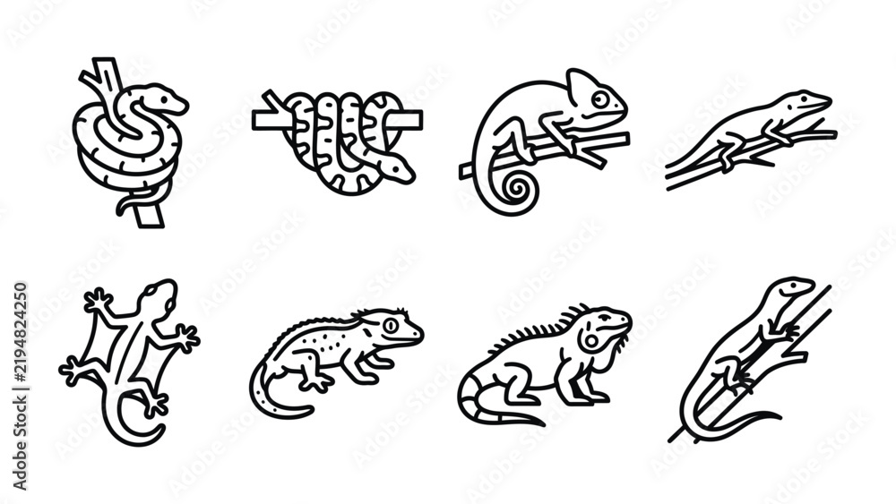 Obraz premium Reptile Icon Set: A collection of stylized line art icons depicting various reptiles, including snakes, chameleons, iguanas, and geckos, in different poses and settings.