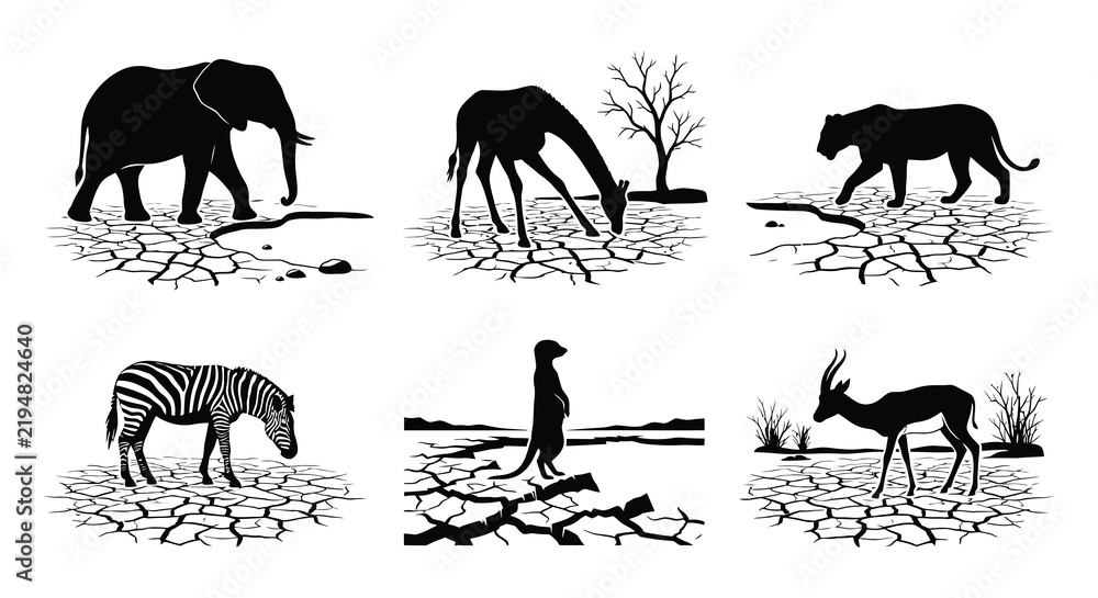 Fototapeta premium African wildlife silhouettes on cracked earth a vector illustration