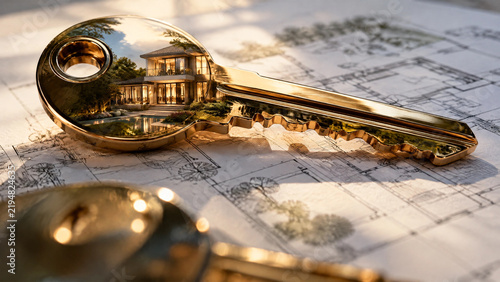 Golden house key reflecting a luxury home design on architectural building plans