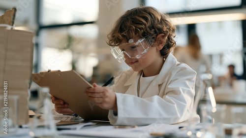 A young scientist with clipboard and goggles pretending to adjust a makeshift cardboard time machine in a cluttered university lab during pretend to be a time traveler day,