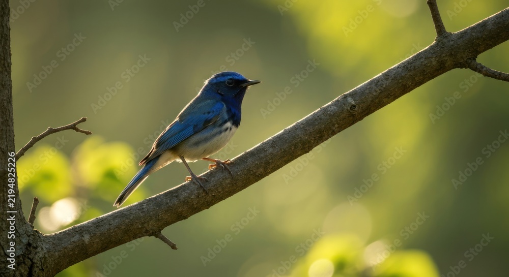Obraz premium A vibrant blue bird perches on a branch, illuminated by the sun, with bokeh backdrop