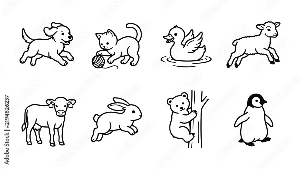 Obraz premium Collection of Cute Baby Animals in Sketch Style: A charming illustration featuring a playful puppy, a curious kitten with yarn, a happy duckling on water, a gentle lamb, a young calf, a hopping bunny.