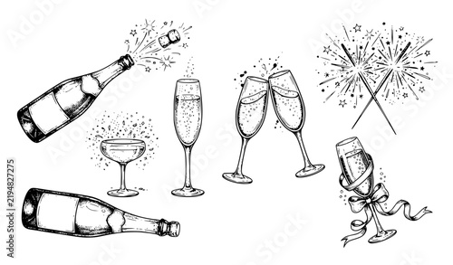 New Year Champagne Bottle Glasses and Sparkler Sketch Vector Set