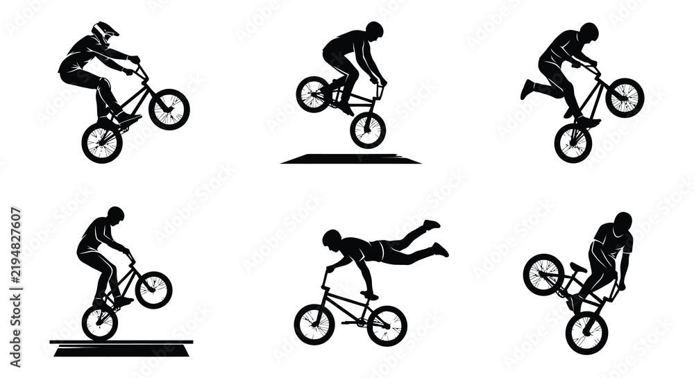 Fototapeta premium Bicycle motocross silhouettes depict various freestyle stunts on a white background