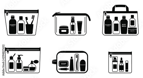 Six black vector illustrations of toiletry bags filled with personal care items