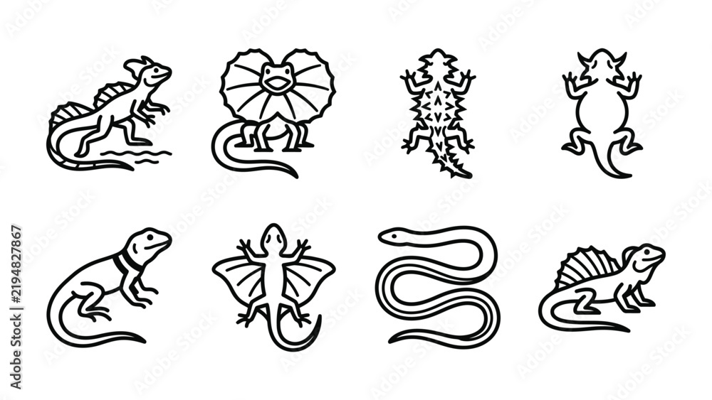 Obraz premium Reptile Icons Collection: A diverse collection of stylized line art icons featuring various reptiles including lizards, frilled lizards, snakes, and prehistoric creatures.