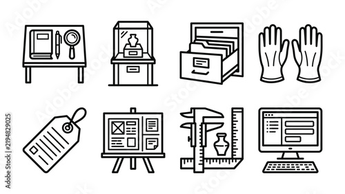 Konstfotografi Curatorial Tools Icon Set: A collection of black and white line art icons representing various tools and elements used in curation and museum display, including a desk setup, display case