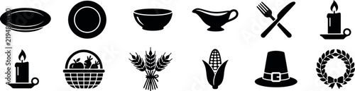 Set of black and white thanksgiving holiday icons featuring food dinnerware harvest symbols and festive decorations