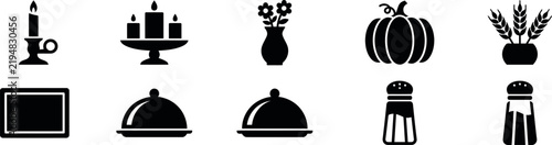 Set of black silhouette icons representing thanksgiving dinner table decorations and food service items on white background