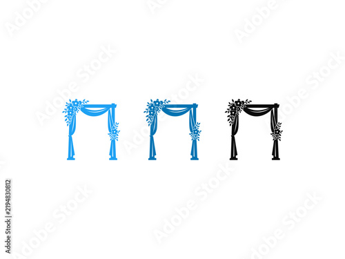 Set of three wedding arch icons with floral decorations and draped fabric in blue and black.