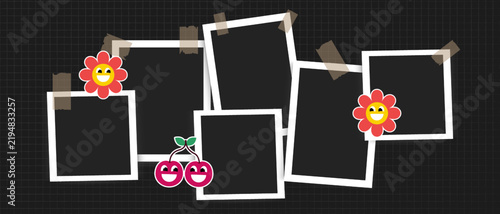 Photo frame collage with paper tape and vintage stickers for scrapbook album design. Retro Y2K style template with realistic photo elements and torn edges