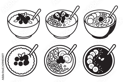 Collection of stylized illustrations of various healthy breakfast bowls with fruits and toppings