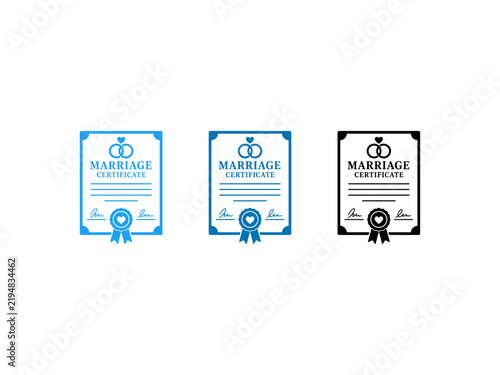 Marriage certificate icons set with wedding rings and official seal stamps.