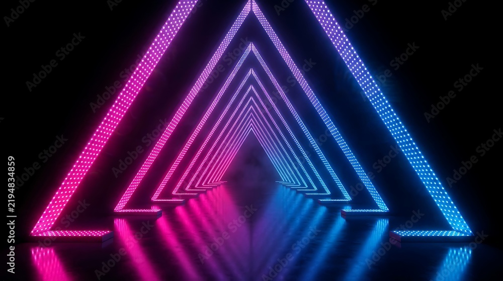 Fototapeta premium Glowing neon triangle tunnel with pink and blue led light strips, receding into a dark, reflective floor perspective, 3 d digital render