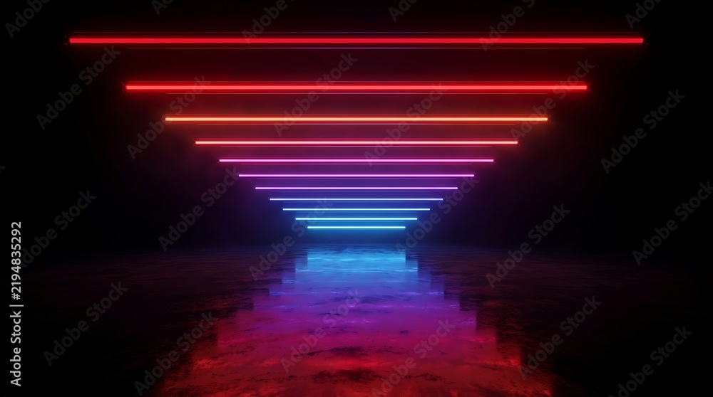 Fototapeta premium Horizontal neon light lines in red, purple, and blue gradient, reflecting on a dark textured ground surface in a tunnel perspective
