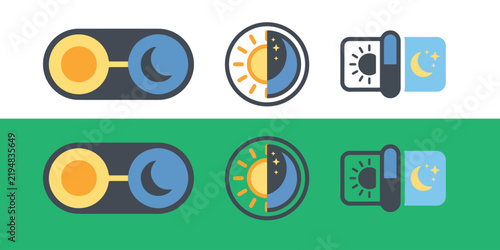 Set of graphic icons representing day and night modes for user interfaces and settings