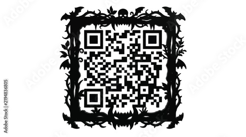 Scary gothic QR code featuring intricate black vine borders with sharp thorns and spooky skulls