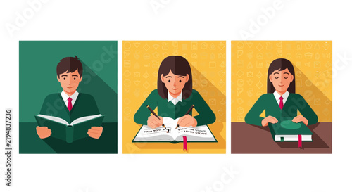 Young Students Reading and Writing Stories Vector Illustration