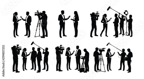 Silhouettes of news reporters and camera operators in a vector style