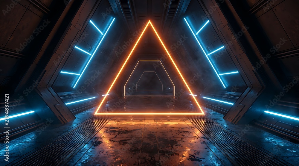 Fototapeta premium Triangular tunnel interior with glowing orange neon frame and blue linear light strips on dark metallic walls, sci-fi corridor perspective