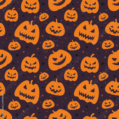 Halloween Seamless Pattern with Jack O Lantern Pumpkins and Stars