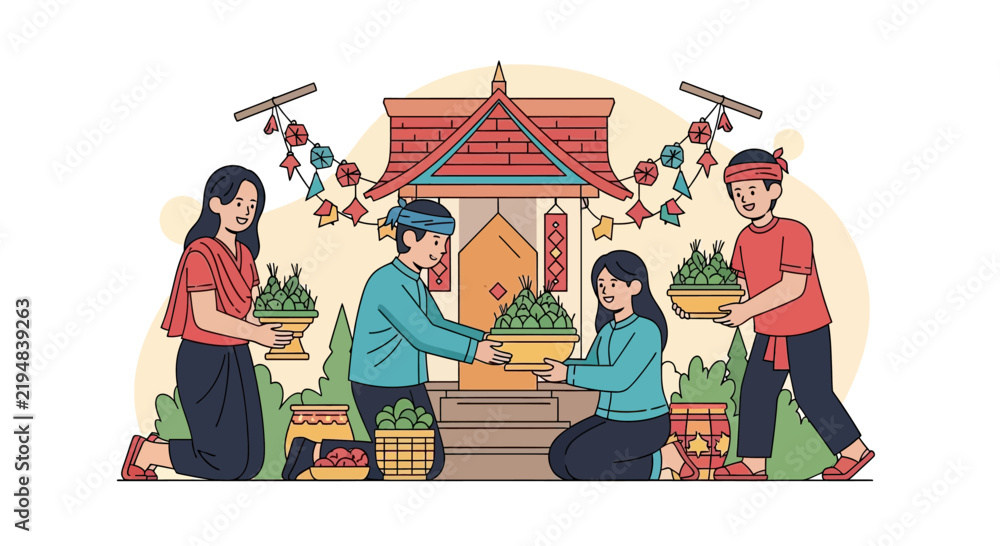 Obraz premium Southeast Asian people offering food at a traditional shrine.