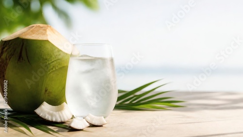 Premium tropical wellness beverage photography of fresh coconut water