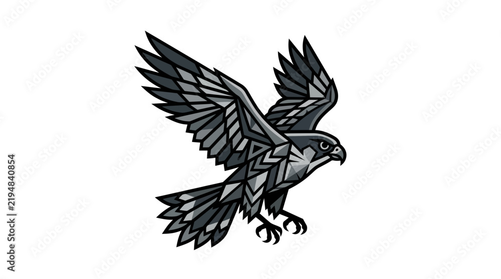 Fototapeta premium Stylized black hawk flying with geometric tribal patterns.